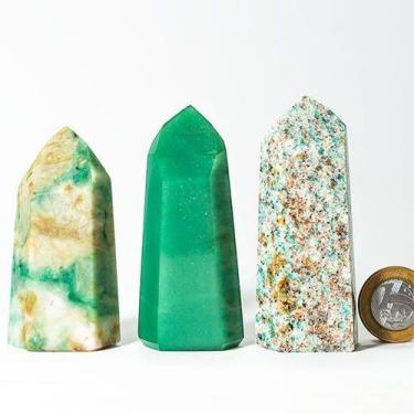 Imagem de Kit 03 Ponta Natural de Pedras Verdes com Lapidação Sextavada - Crista
