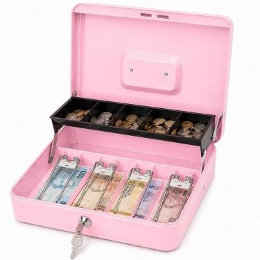 Imagem de Caixa para Dinheiro Yeet com Chave Alça e Bandeja Organizadora Rosa