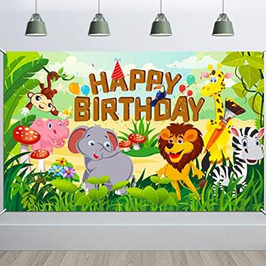 Imagem de HOWAF Banner de tecido Happy Birthday para decoração de festa de aniversário, tema de floresta, tema de safári, festa de aniversário, decoração de aniversário, parede de aniversário, 1,8 x 1,1 m