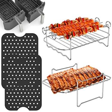 Imagem de 2 peças de rack para fritadeira Ninja Dual Air, grelha de aço inoxidável 304 com 4 varetas de churrasco e escova de óleo e clipe de churrasco para fritadeiras de ar de cesta dupla forno forno forno assar micro-ondas (F)
