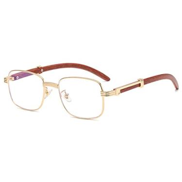 Imagem de Óculos de sol vintage pequeno quadrado grão de madeira com armação de metal para mulheres moda lente clara elegante óculos de sol masculino hip hop, ouro claro, com estojo