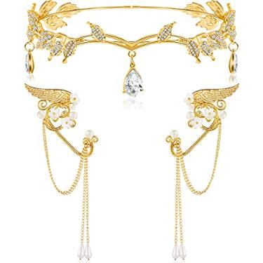 Imagem de Hicarer 3 peças de tiara de folha de strass de metal orelhas de elfo fantasia de fada coroa princesa cosplay para mulheres, 1, Liga de zinco, Strass
