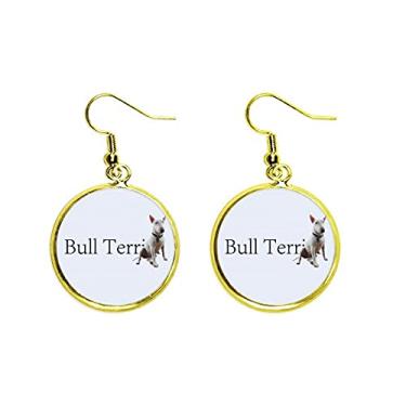 Imagem de Brinco dourado com aparência de bull terrier com orelha de cachorro pendurada, joia feminina