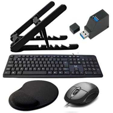 Imagem de Combo HomeOffice 5 Pças - Suporte Notebook, Teclado e mouse com fio, Mousepad, Hub Usb