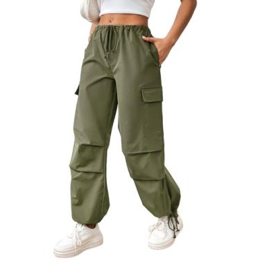 Imagem de Verdusa Calça cargo feminina com cordão na cintura, bolso lateral, calça cargo solta, Verde militar, M