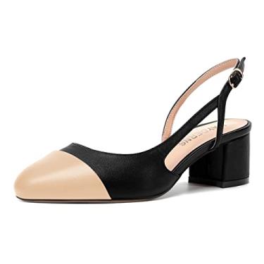 Imagem de WAYDERNS Sapato feminino de salto baixo grosso com tira ajustável fosco com fivela e salto baixo 5 cm, Bege preto, 13