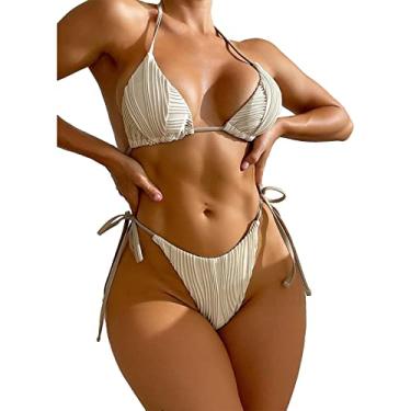 Imagem de Biquíni, Almofada de Peito Removível, 2 Peças, Copo Triangular, Alça Traseira, Roupa de Banho Feminina, Cor Pura para Piscina (S)