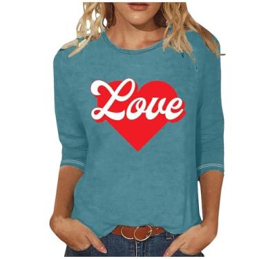 Imagem de Camisetas femininas com estampa de coração de três quartos para meninas e mulheres Cruise Cute Spring Tops para mulheres, Tops femininos com comprimento até o cotovelo azul-marinho, GG
