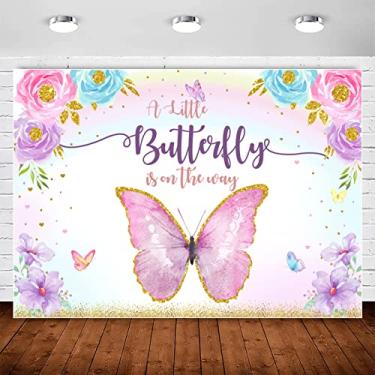 Imagem de Pano de fundo de borboleta roxa para chá de bebê rosa arco-íris floral com bolinhas douradas para meninas, decorações de chá de bebê, faixa de festa de borboleta, suprimentos para cabine de fotos 2,1
