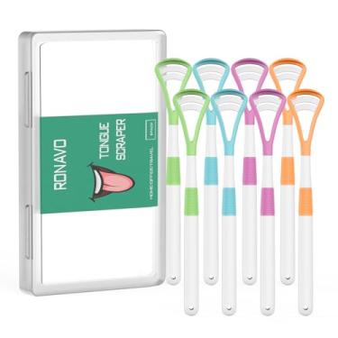 Imagem de RONAVO Raspador de língua (8 peças), escovação e raspagem para higiene bucal, limpador de língua 100% livre de BPA com estojo de transporte de viagem para família, adultos, crianças, reduz o mau