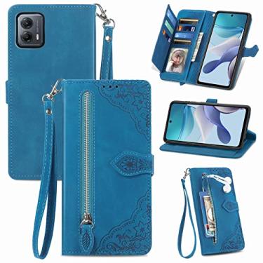 Imagem de Furiet Capa carteira compatível com Motorola Moto G53 5G com cordão de pulso e suporte de cartão flip de couro, acessórios de celular, capa para celular Motorola Moto G53 5G feminina azul