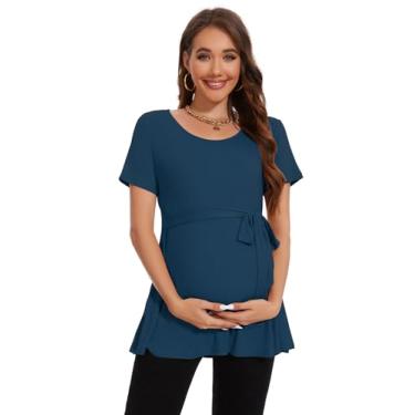 Imagem de Smallshow Camisetas femininas para gestantes amarradas na frente, manga curta, roupas para gravidez, Azul-petróleo, GG