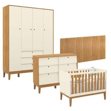 Imagem de Quarto de Bebê Unique 4 Portas com Cômoda 6 Gavetas e Painel Farm Off White Freijó Eco Wood - Matic