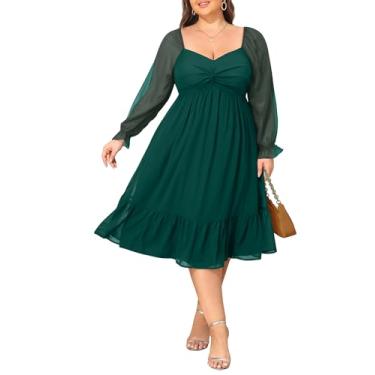 Imagem de Talisea Vestidos plus size, decote coração, manga comprida, chiffon, festa, coquetel, evasê, vestido midi curvilíneo, Verde, 26 Plus