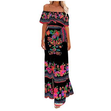 Imagem de Vestidos femininos vintage franzidos verão outono manga curta ombro vazado flor maxi longo solto fit vestidos femininos 2024, F-827 Preto, 3G