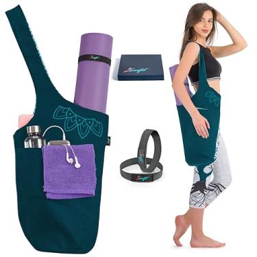 Imagem de Zenifit Bolsa para tapete de ioga – Bolsa de ioga versátil com alças de tapete e bolsos de armazenamento, comporta tapetes de ioga e pilates, leve e durável, azul-petróleo em dois tons