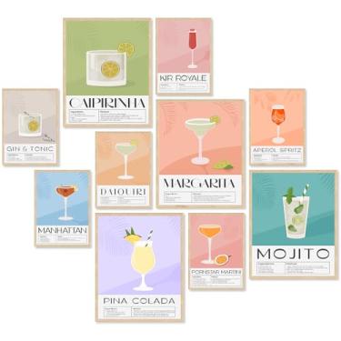 Imagem de KBKBART Conjunto de 10 pôsteres de coquetel vintage, acessórios de carrinho de bar retrô, arte de parede colorida para coquetéis, imagens estéticas de bebidas divertidas para decoração de carrinho de