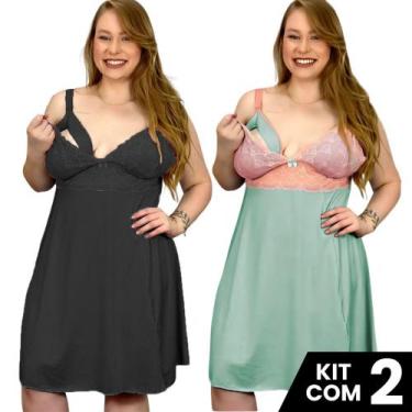Imagem de Kit 2 Camisolas  Plus Size  Amamentação Renda Pós Parto Lisa Maternida