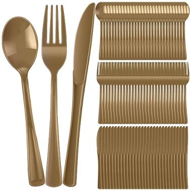 Imagem de Conjunto de talheres de plástico com 300 peças, conjunto de talheres resistentes, inclui 100 colheres descartáveis, 100 garfos e facas para festas, reuniões de família (ouro)