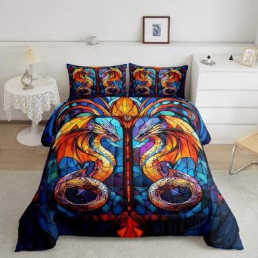 Imagem de Conjunto de edredom Queen com dragão de vitral, arte abstrata geométrica, para decoração de quarto de crianças, meninos e meninas, adultos, dragão mágico ocidental, 3 peças, conjunto de colcha retrô