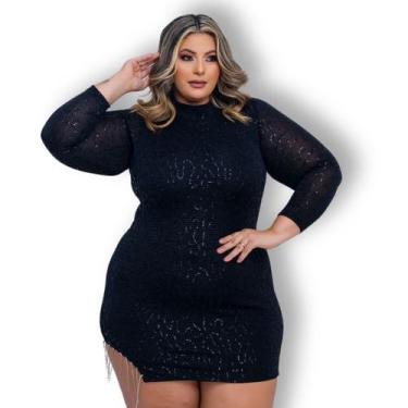 Imagem de Vestido Plus Size Paetê Curto Moda Balada Manga Longa 0591 - Bellucy M