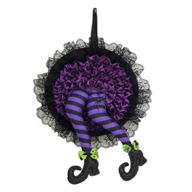 Imagem de Guirlanda de Halloween para casa, grinalda de porta da frente iluminada roxa com 30 LED com chapéu de bruxa, decoração de malha de perna de chapéu de bruxa, operada a pilhas, guirlanda de fita de