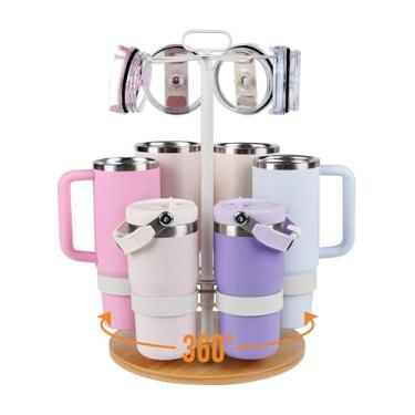 Imagem de HALIAFANCY Organizador de garrafa de água para copo Stanley com suportes de tampa e alça, suporte rotativo de 6 compartimentos compatível com máquina de lavar Owala Yeti de 1,134 g, economia de espaço