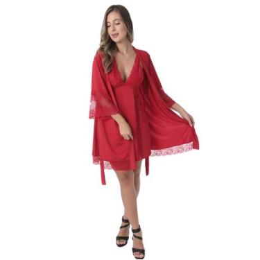 Imagem de Kit Robe Roupão de Banho + Camisola Com Renda Lingerie Luxo Conforto -