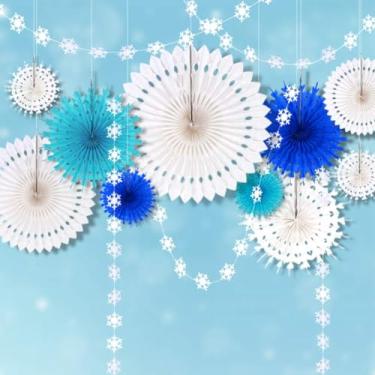 Imagem de Decorações de festa de flocos de neve gelo azul congelado papel de pendurar branco decoração de fãs e flocos de neve guirlandas Bunting Banner Streamers para Elsa aniversário/árvore de Natal/chá de bebê/casamento/quarto infantil/casa