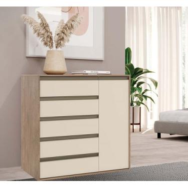 Imagem de Cômoda 5 Gavetas 1 Porta Multiuso MDF Select Belmax, Carvalho/Off Whit