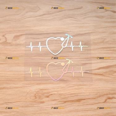 Imagem de Adesivo de vinil em forma de coração para estetoscópio de enfermeira batimento cardíaco - pacote com 2 adesivos holográficos iridescentes, 18 cm - sem recorte de fundo para carro, barco, laptop