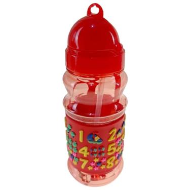 Imagem de Garrafa De Água Suco Infantil Canudo em Silicone Garrafinha 420ml Escolar (Vermelha - Números Mod A)
