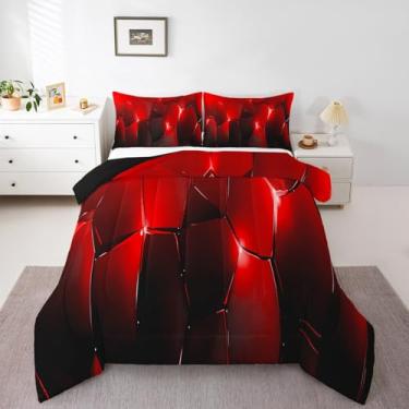 Imagem de jejeloiu Conjunto de edredom geométrico, hexagonal, colmeia geométrica, colmeia geométrica, vermelho, preto, simples, moderno, arte abstrata, conjunto de colcha