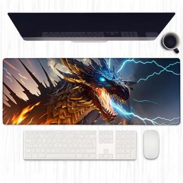 Imagem de Ti Caldi Tapete de mouse para jogos Fierce Dragon, tapete de mesa com design de fogo e trovão, mouse pad de computador, laptop, bordas costuradas robustas, 81,5 cm × 11,20 cm grande teclado de