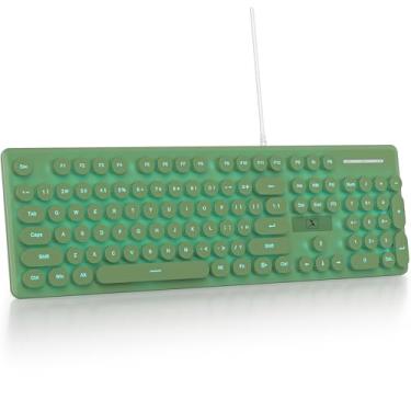 Imagem de Fogruaden Teclado de computador com fio, teclado de membrana silencioso de tamanho completo, tecla redonda estilo máquina de escrever retrô, iluminado, verde escuro, retroiluminado por LED azul, fino