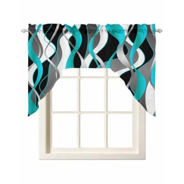 Imagem de Cortina Swag Valance para cozinha, verde-azulado listrado cinza degradê ondulado cortinas de bolso de haste, cortina de janela abstrata geométrica com filtro de luz para quarto e banheiro