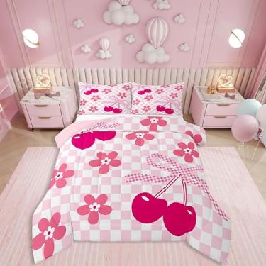 Imagem de Erosebridal Groovy Conjunto de edredom floral vintage, solteiro, xadrez, com laço, para crianças, adolescentes, edredom de flor de cerejeira, colcha de retalhos rosa e branco