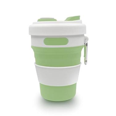 Imagem de iEWENi Copo de viagem dobrável de 500 ml com tampa e gancho de metal reutilizável de silicone para bebida quente/fria, portátil, acampamento, caminhada, micro-ondas e lava-louças (verde)