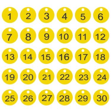 Imagem de PATIKIL 1-30 etiquetas numeradas de plástico redondo numerado identificação identificação chave pendurar etiqueta para chaveiro de dormitório caixa de armário de academia, amarelo com texto preto