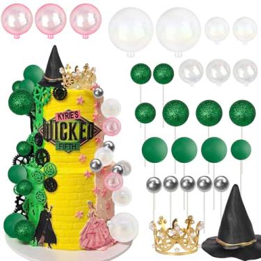Imagem de Rsstarxi Pacote com 30 decorações de topo de bolo com tema de bruxa mágica rosa balões verdes coroa chapéu de bruxa palheta de bolo para chá de bebê, aniversário, festa de Halloween, decorações de