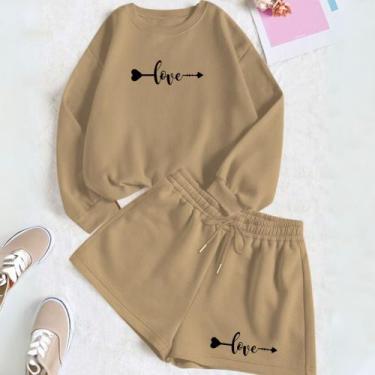 Imagem de Kit Com 2 Peças Moletom GOLA CARECA E Short Feminino Estamp Love Flech