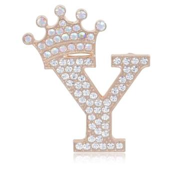Imagem de Broche de letra inicial com coroa para mulheres, meninas, homens, meninos, broches de nome personalizado, artesanato, broche, colorido, strass, broche, ouro, A-Z, Zircônia cúbica