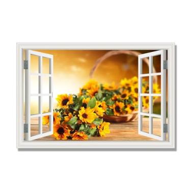 Imagem de Janela de arte de parede com impressão em tela. Visualização de janela falsa. Impressão de imagem natural em tela. Arte de parede para sala de estar (lindo girassol 14) 70 x 105 cm - 27,6 x 41,4 pol