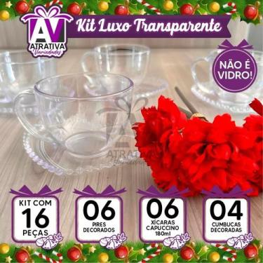 Imagem de Kit luxo transparente 4 cumcuca decorada+6 pires e 06 xicaras gigante 