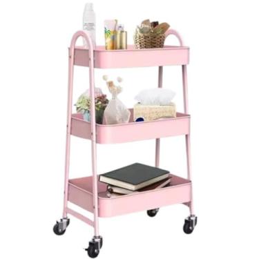 Imagem de Carrinho Organizador de Metal Multiuso 3 Prateleiras com Rodinhas(CARRINHO ROSA)