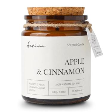 Imagem de Aeviva Vela perfumada, vela de aromaterapia de maçã e canela de 200 ml, cera de soja natural com pavio de madeira, velas perfumadas para casa, frasco de âmbar para alívio de estresse