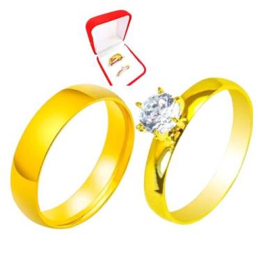 Imagem de Aliança 6mm Casamento Dourada Luxo + Solitario 2mm Anel Tradicional - 