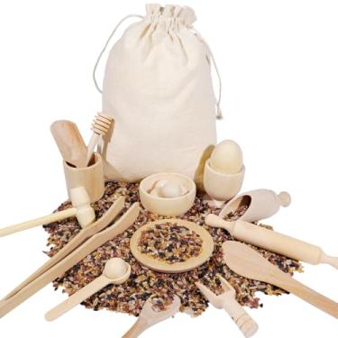 Imagem de Hiawbon 25PCS Wooden Sensory Bin Tools, Wooden Tool Set, Sensory Bin Filler with Storage Bag, Bin Scoops Roller Tweezers Tongs Cups for Counting Sorting Hammering Pounding