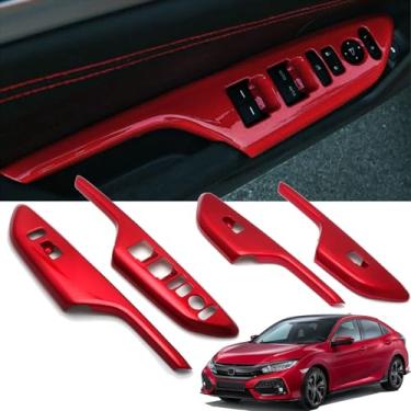 Imagem de ATAIRSOFT 4 peças de guarnição de apoio de braço para maçaneta de porta Honda Civic 10ª geração 2016 2017 2018 2019 2020 Honda Civic painel de controle de fechadura de porta (vermelho)