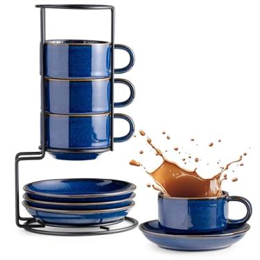 Imagem de Gomakren Copos de cappuccino de 170 g com pires e suporte de metal, conjunto de 4 xícaras de café empilháveis, xícaras de café expresso de porcelana para bebidas de café, cappuccino, latte, americano